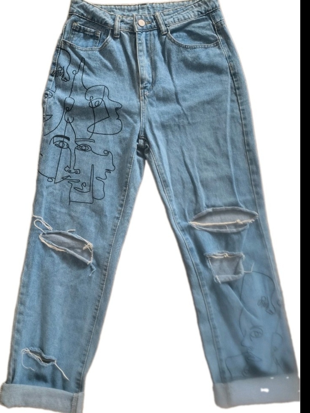 SHEIN Light Blue Distressed Boyfriend Jeans with Abstract Line Faces